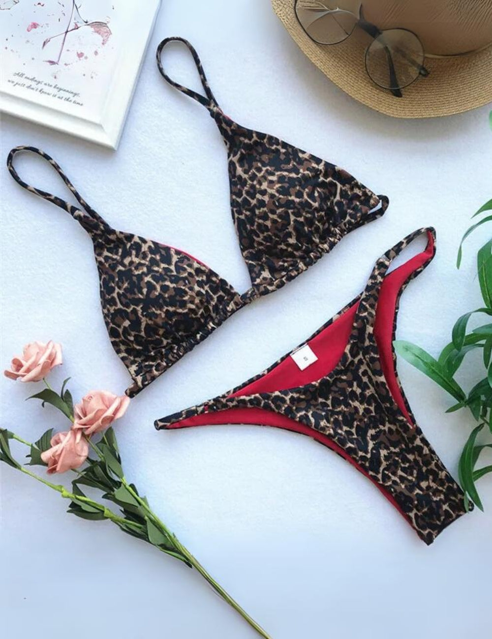 Valenzora | Leopard print spaghetti strap triangle swimwear set