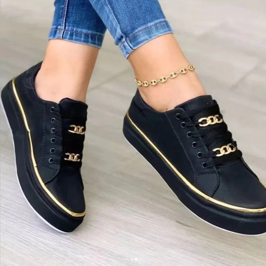 Valenzora - White low-top casual sneakers with gold details | Stylish white lace-up sneakers with gold trim