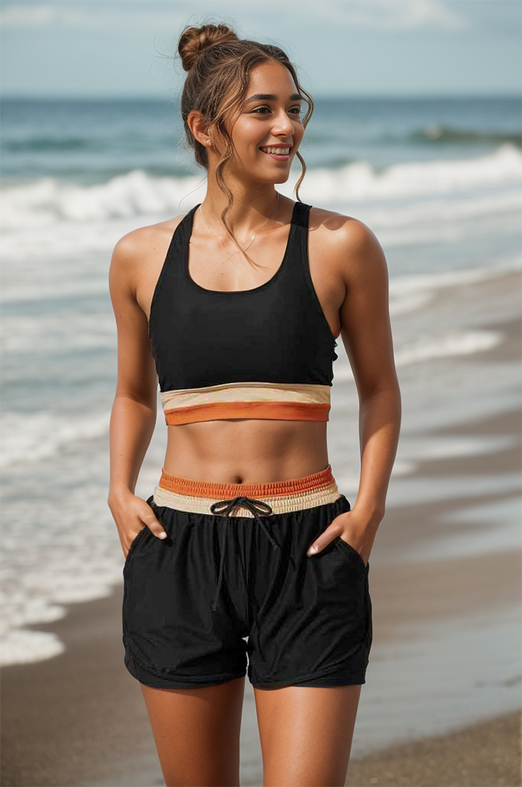 Valenzora | Schwarz-farbblockendes Sport-Bikinioberteil mit Reißverschluss hinten und Boyshort-Set