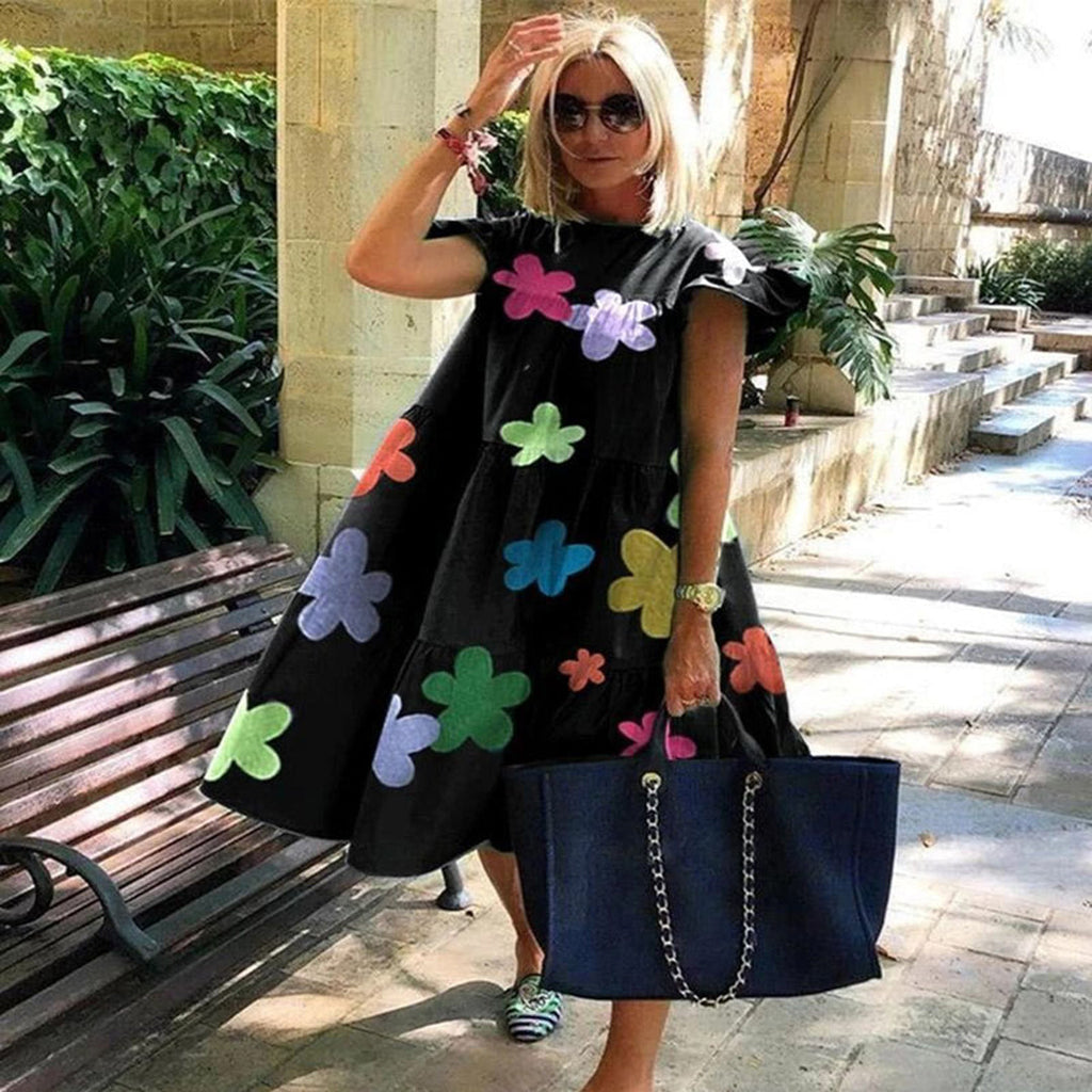 Valenzora | A-line dress, knee-length, short sleeves, floral appliqué, lightweight