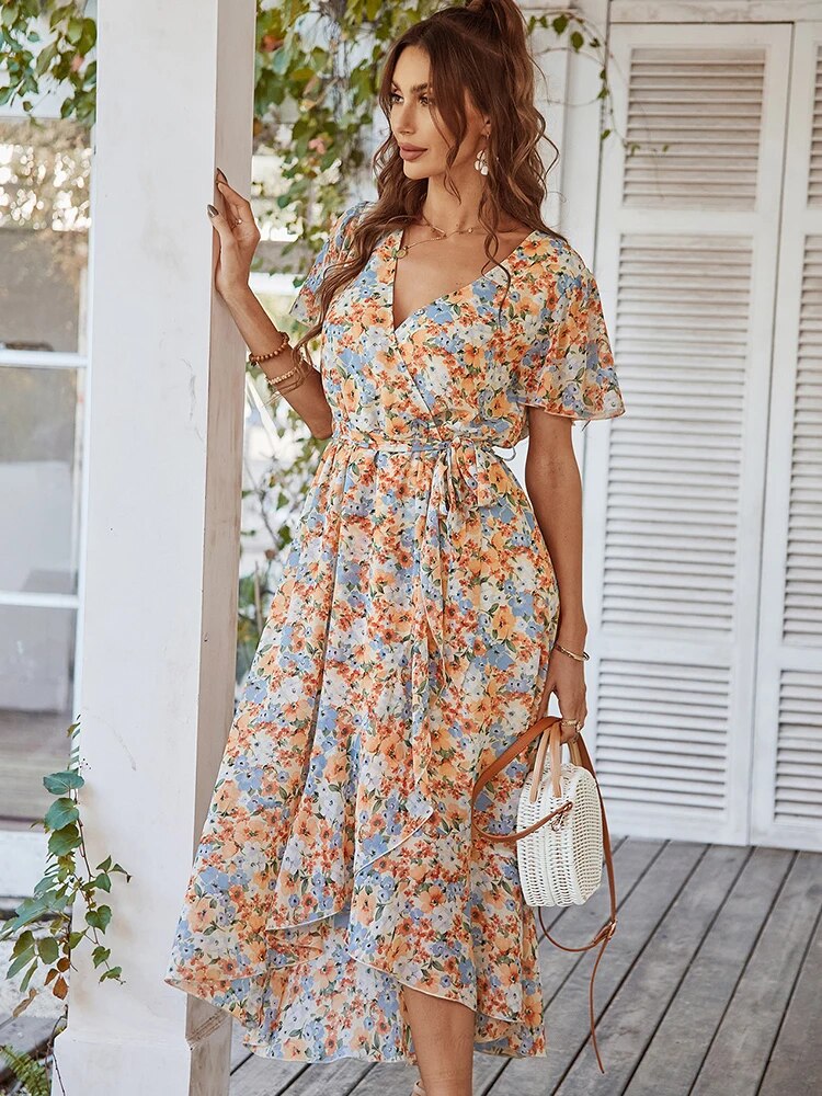 Valenzora | Sommer-Midikleid im Boho-Stil mit kurzen Ärmeln