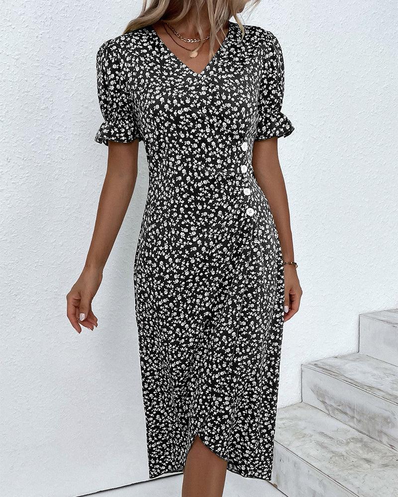 Valenzora | Midilanges geblümtes Sommerkleid mit kurzen Ärmeln