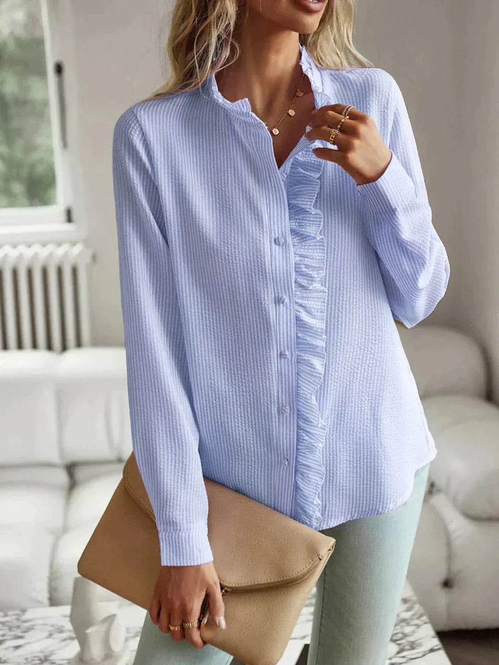 Valenzora | Ruffled Long Sleeve Striped Button-Up Women's Button-Up Shirts