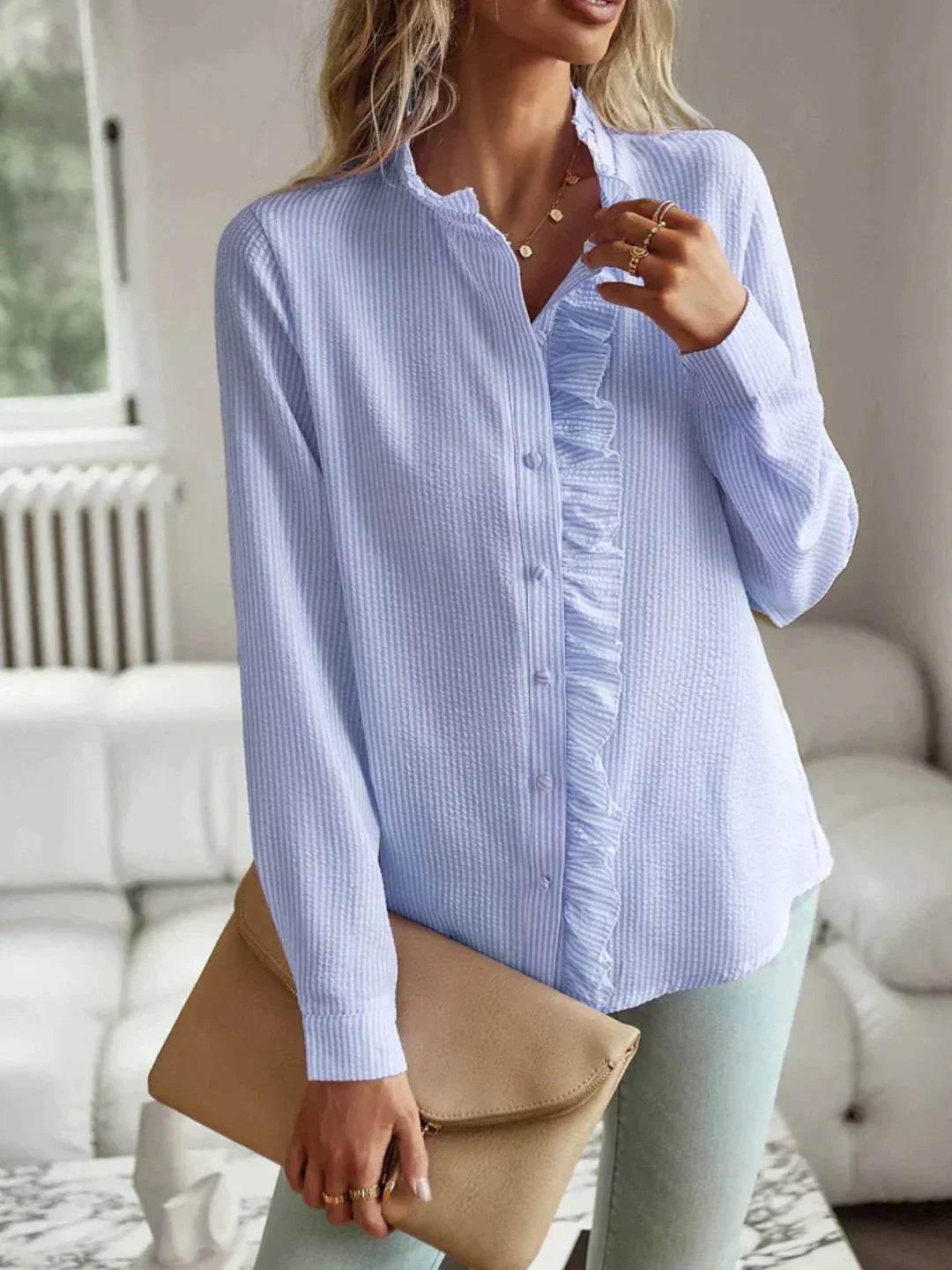 Valenzora | Ruffled Long Sleeve Striped Button-Up Women's Button-Up Shirts
