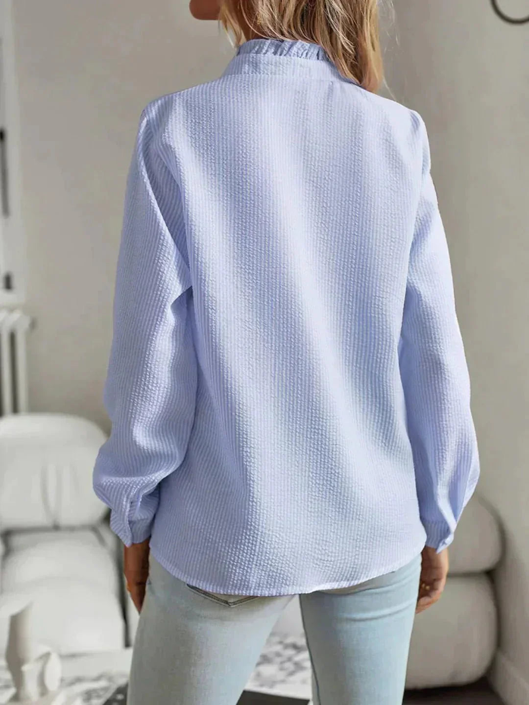 Valenzora | Ruffled Long Sleeve Striped Button-Up Women's Button-Up Shirts