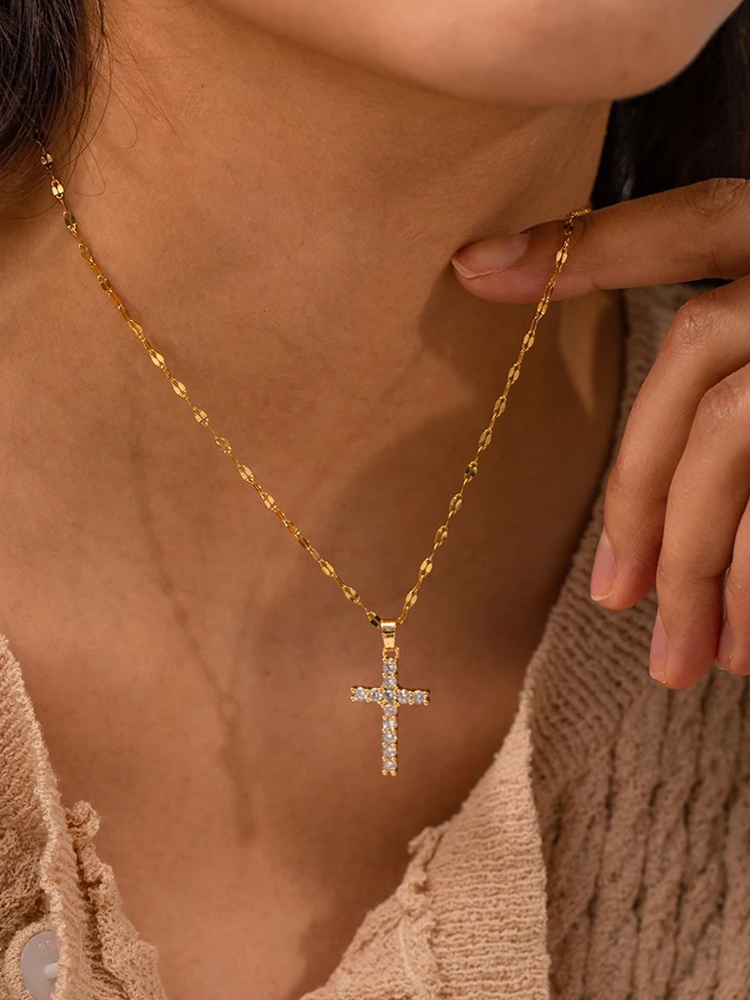 Valenzora | Golden Zirconia Cross Necklace with Pendant for Women
