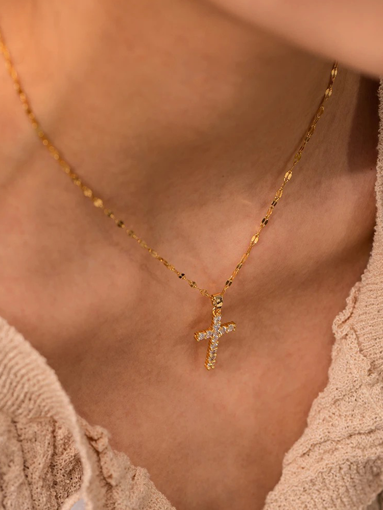 Valenzora | Golden Zirconia Cross Necklace with Pendant for Women