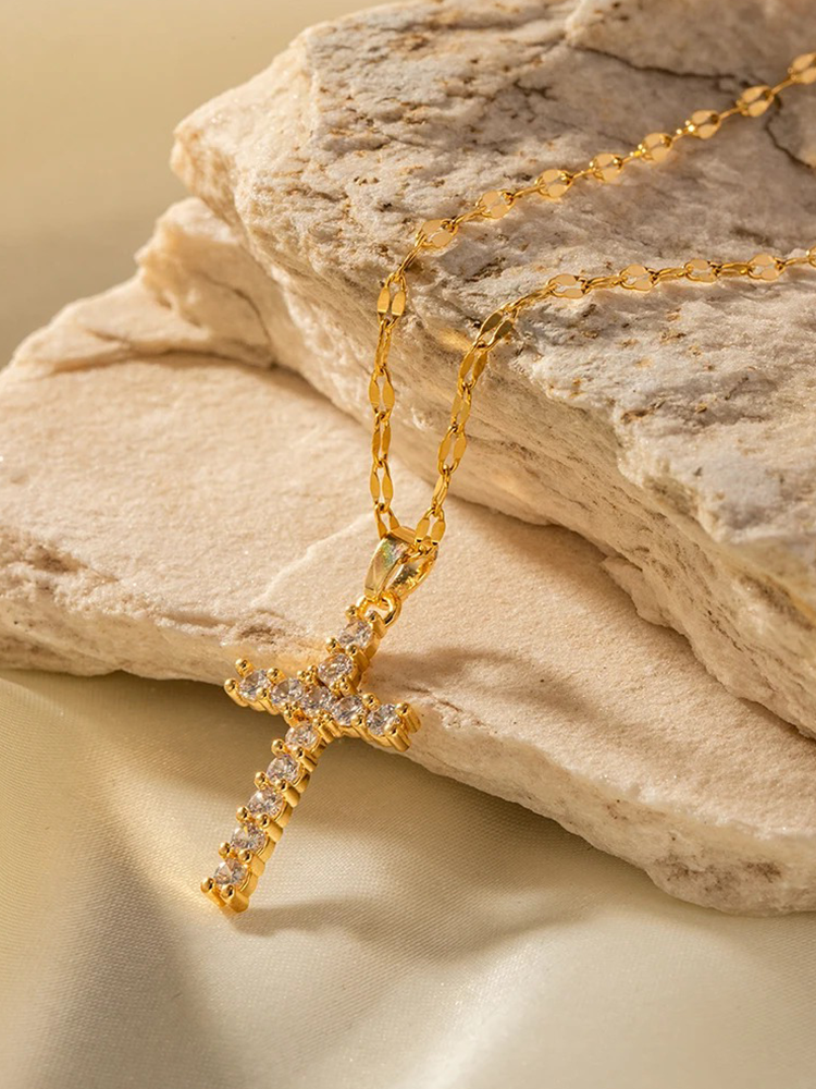Valenzora | Golden Zirconia Cross Necklace with Pendant for Women