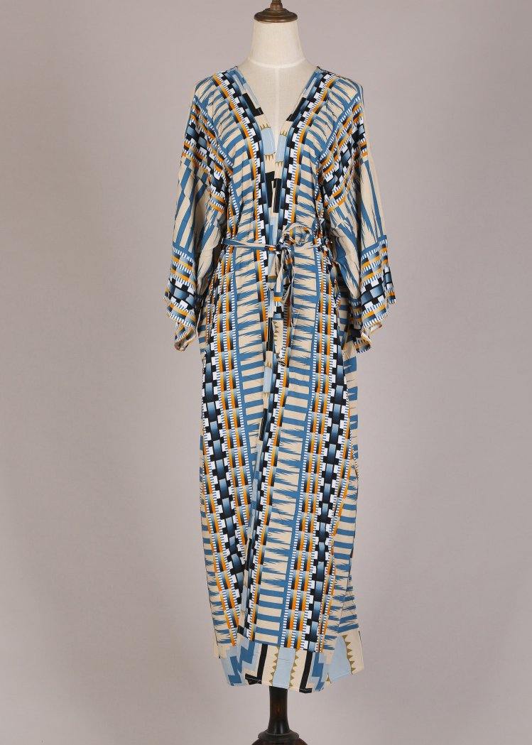 Valenzora | Blue Geometric Print Kimono Bathrobe