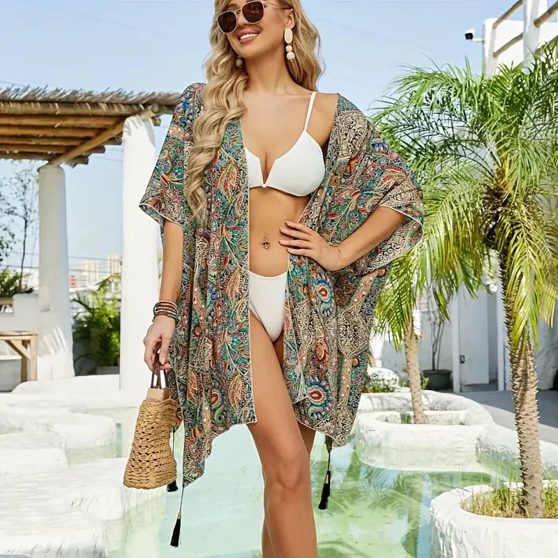 Valenzora | Kimono, Paisley Print, Open Front, Bikini Cover Up, Beach Kimono