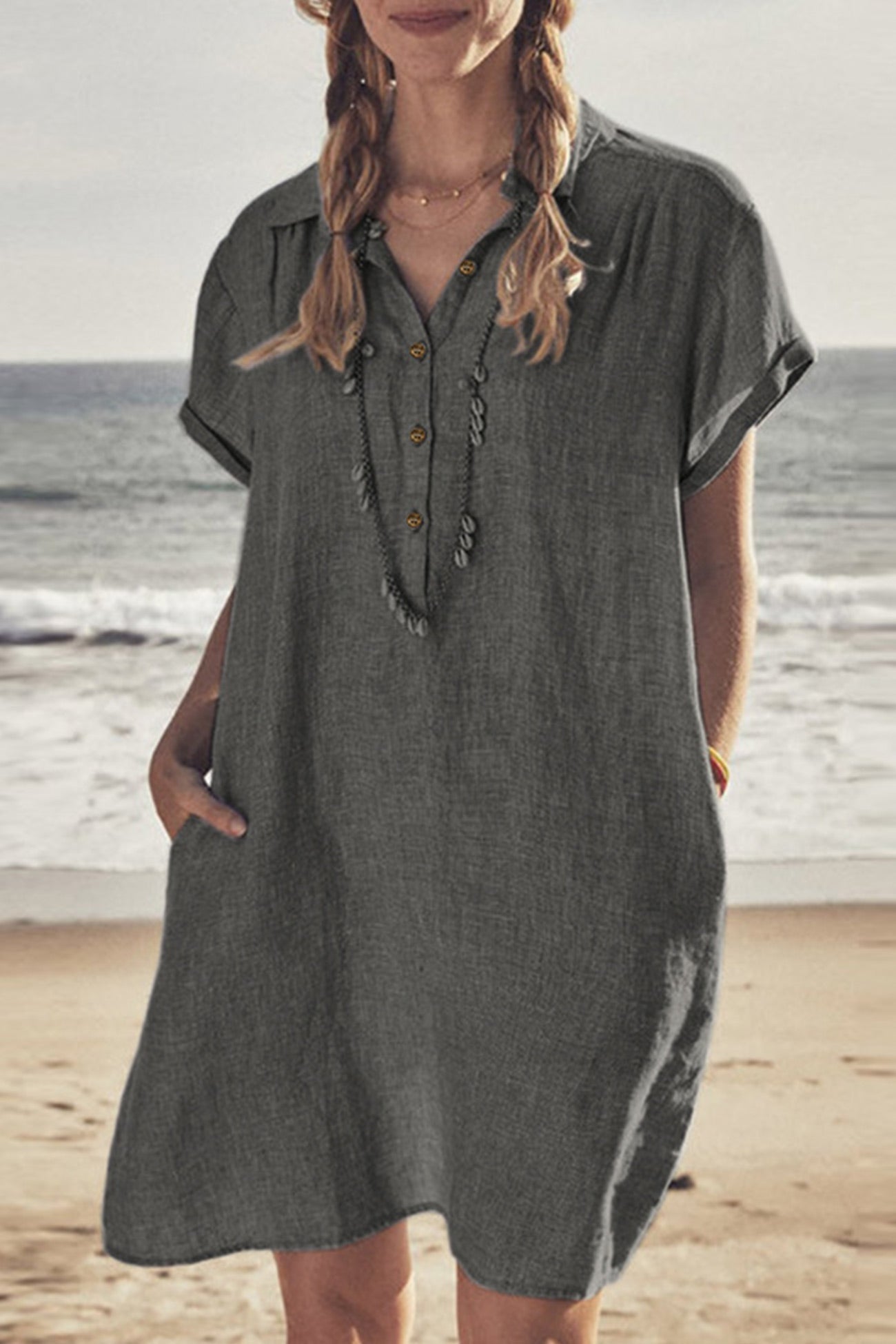 Valenzora | Button closure cotton-linen beach dress