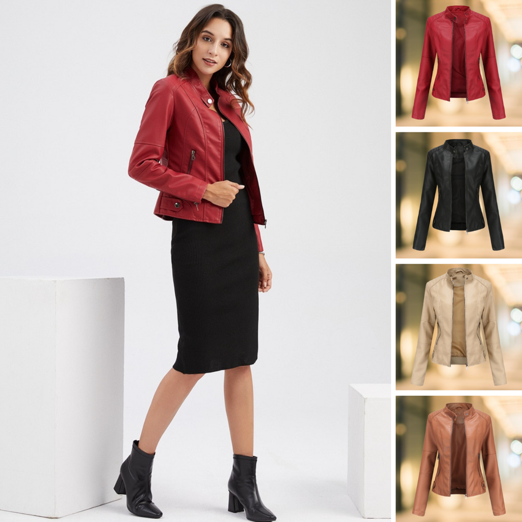 Elegant and chic leather jacket with a stand-up collar