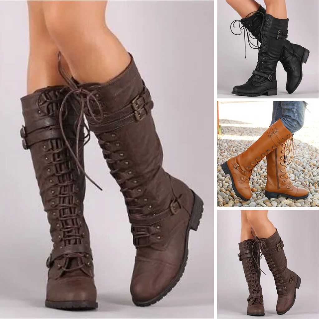 Retro lace-up boots with buckle