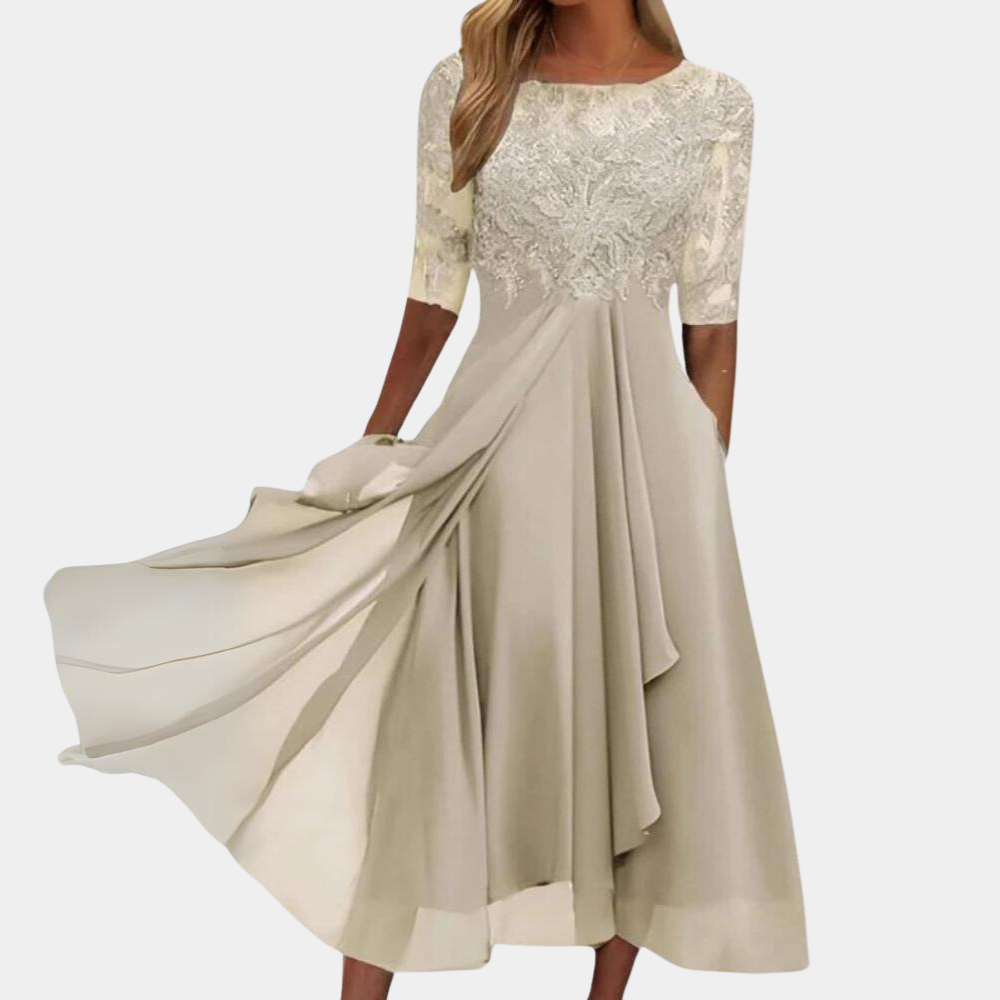 Valenzora | Elegant lace chiffon midi dress for women