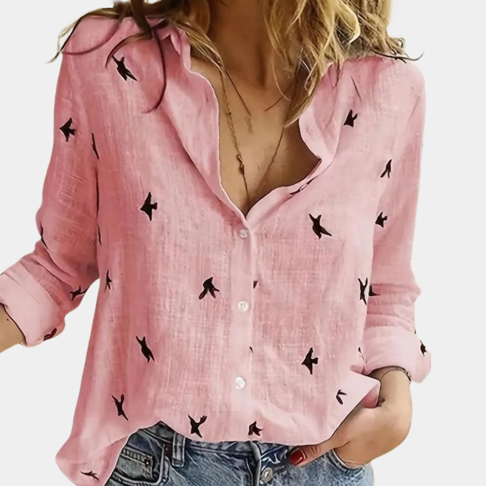 Valenzora | Linen shirt with button placket and bird print for women