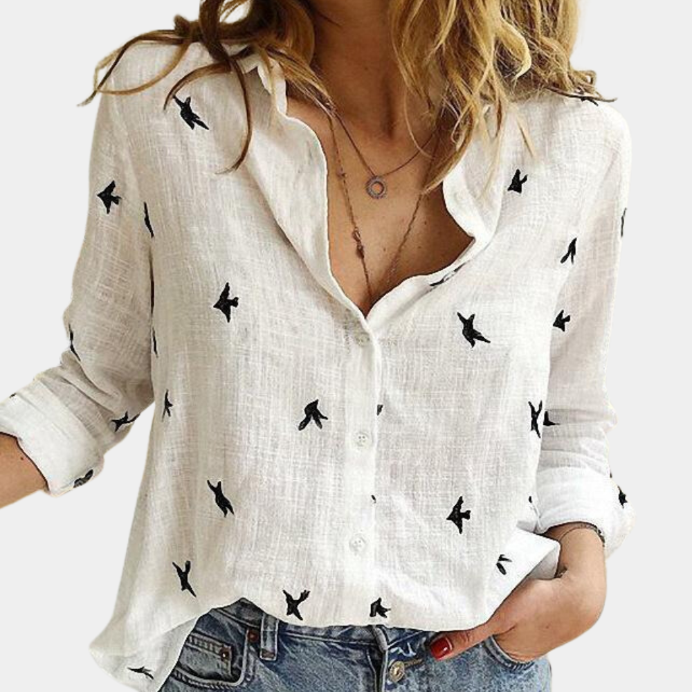 Valenzora | Linen shirt with button placket and bird print for women