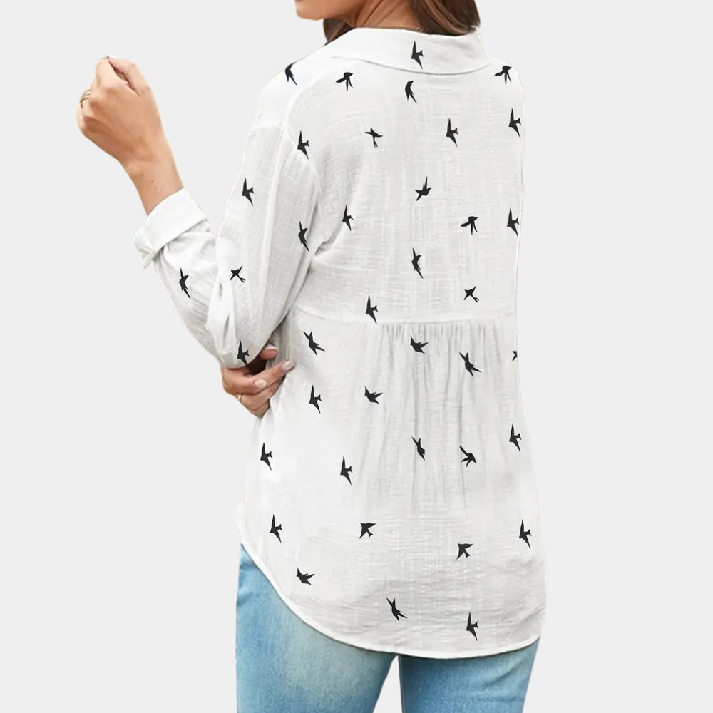 Valenzora | Linen shirt with button placket and bird print for women