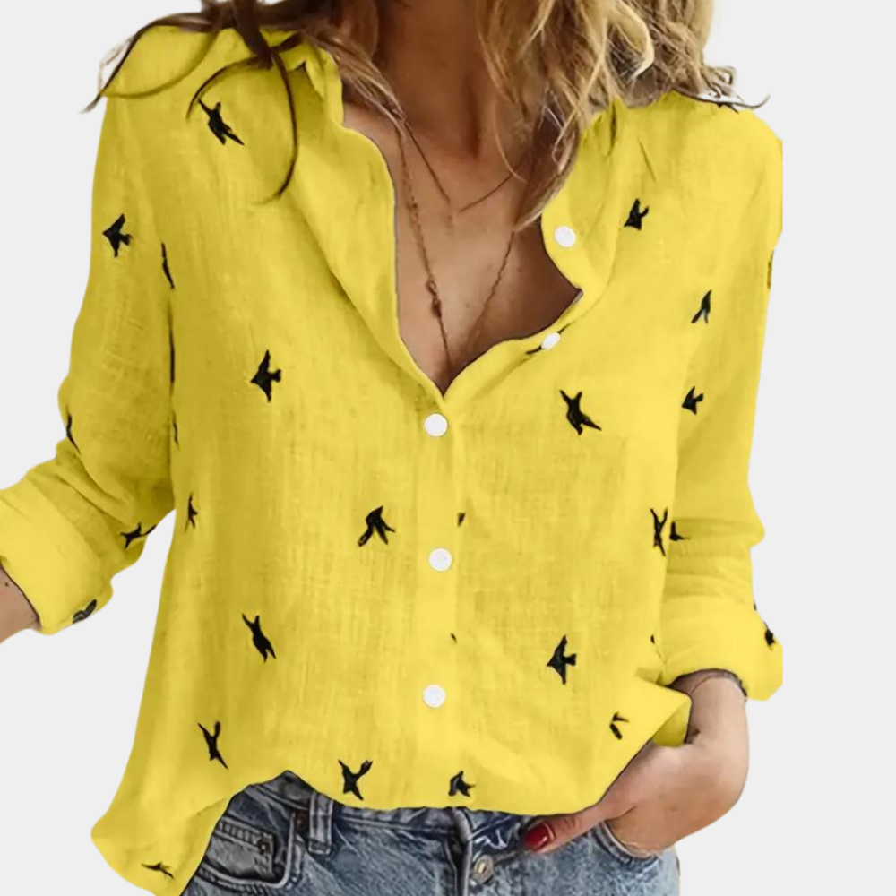 Valenzora | Linen shirt with button placket and bird print for women