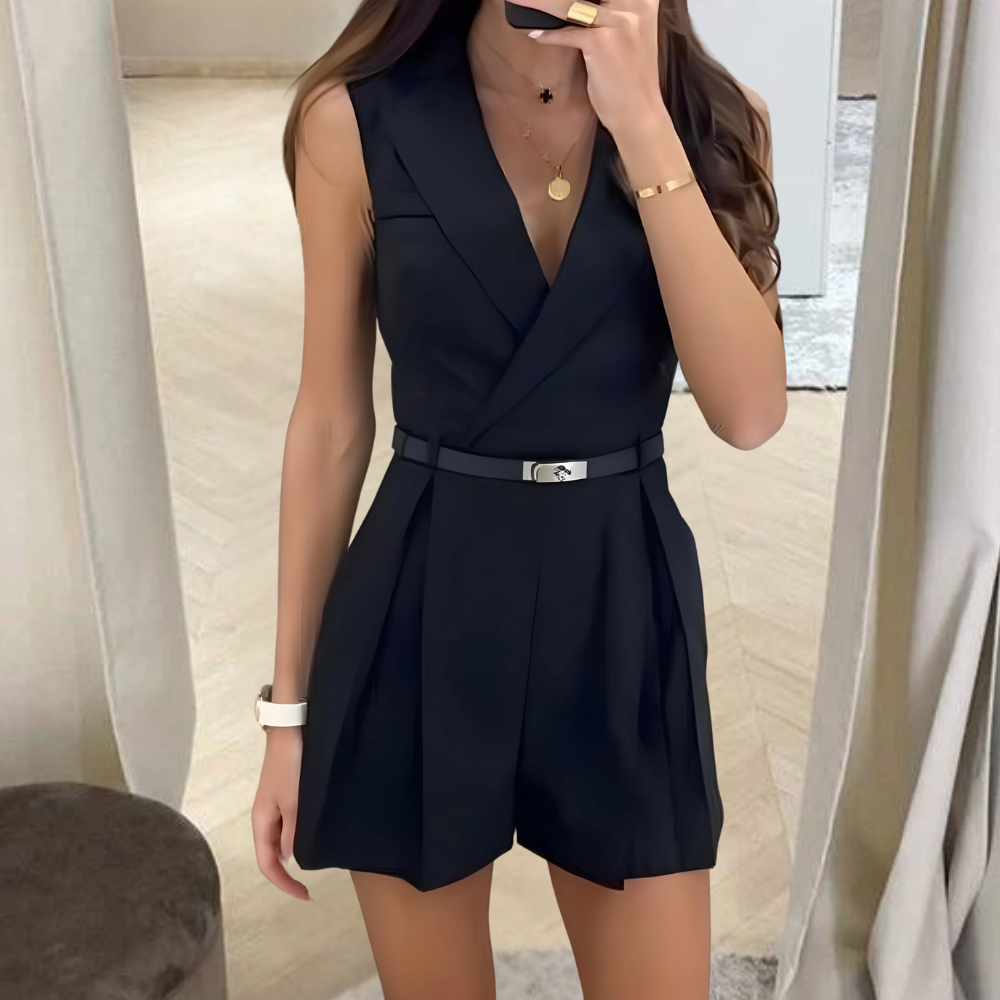 Valenzora | Sleeveless jumpsuit with wrap V-neck, fitted belt, pleated shorts, and tailored fit