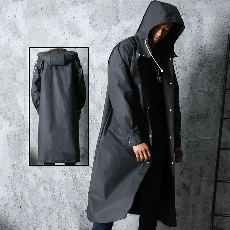 Valenzora | Long Waterproof Rain Jacket with Hood and Snap Buttons Onyx Black