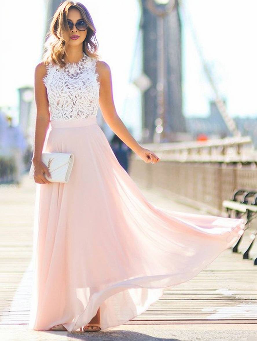 Valenzora | Long Bridesmaid Dress Lace Chiffon Fluid Round Neck Sleeveless Elegant Pink and White