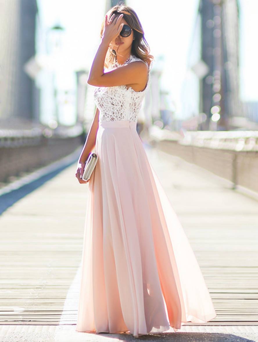 Valenzora | Long Bridesmaid Dress Lace Chiffon Fluid Round Neck Sleeveless Elegant Pink and White