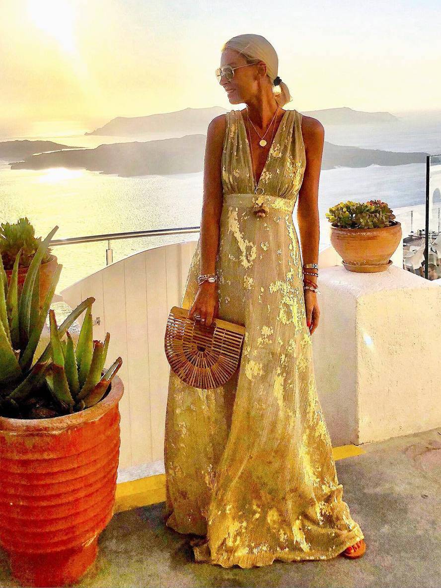 Valenzora | Long Bronze Dress, Shiny Sequins, V-Neck, Sleeveless, Elegant Women's Evening Dress, Beach