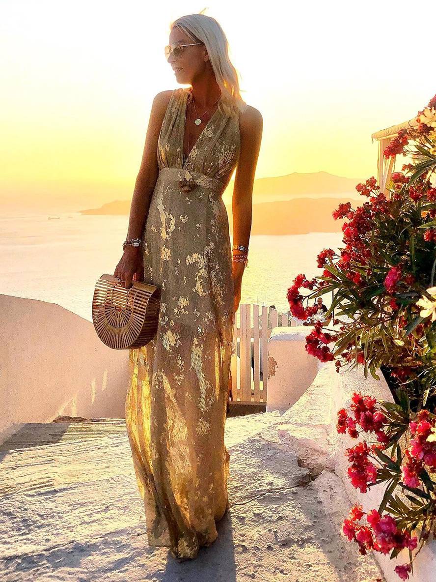 Valenzora | Long Bronze Dress, Shiny Sequins, V-Neck, Sleeveless, Elegant Women's Evening Dress, Beach