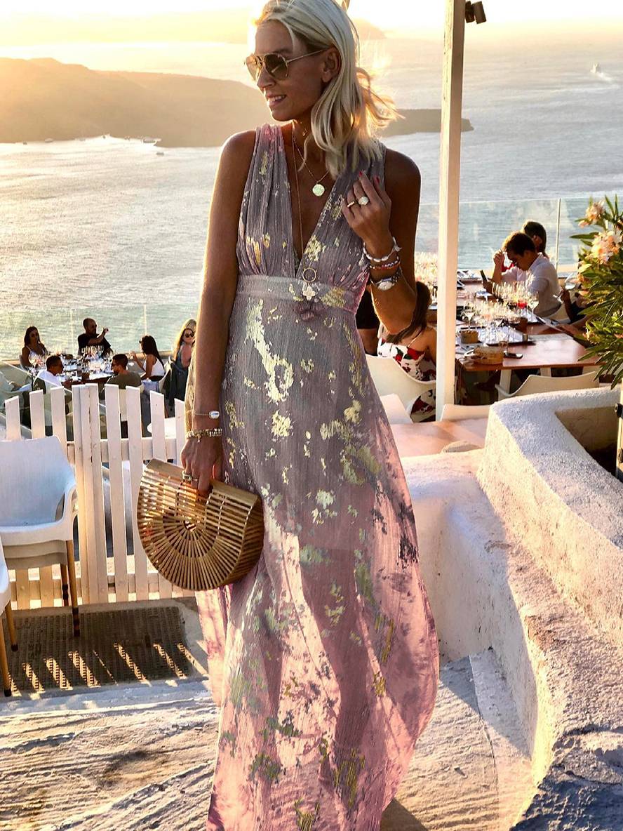 Valenzora | Long Bronze Dress, Shiny Sequins, V-Neck, Sleeveless, Elegant Women's Evening Dress, Beach