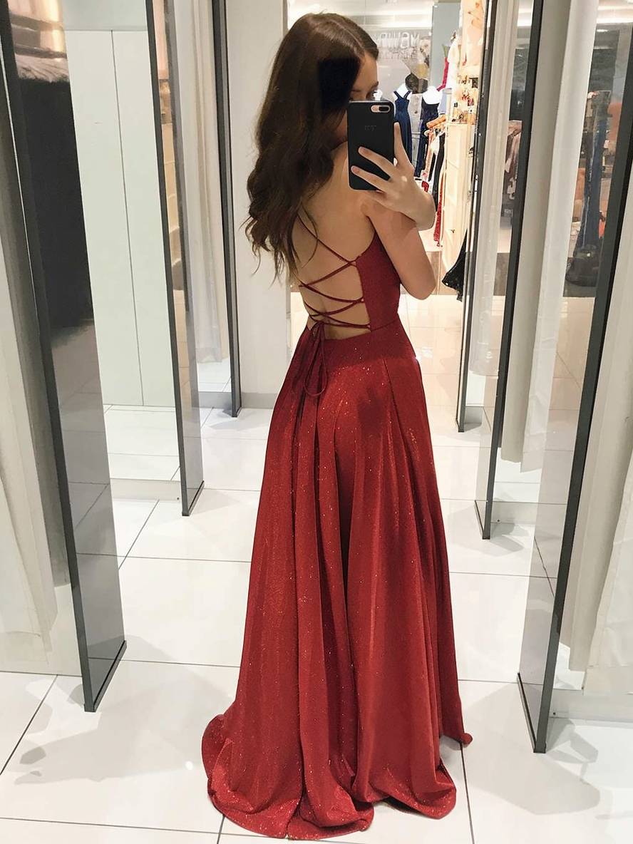 Valenzora | Long gown, shiny sequins, deep neckline, flowing, backless with thin straps, women's evening dress