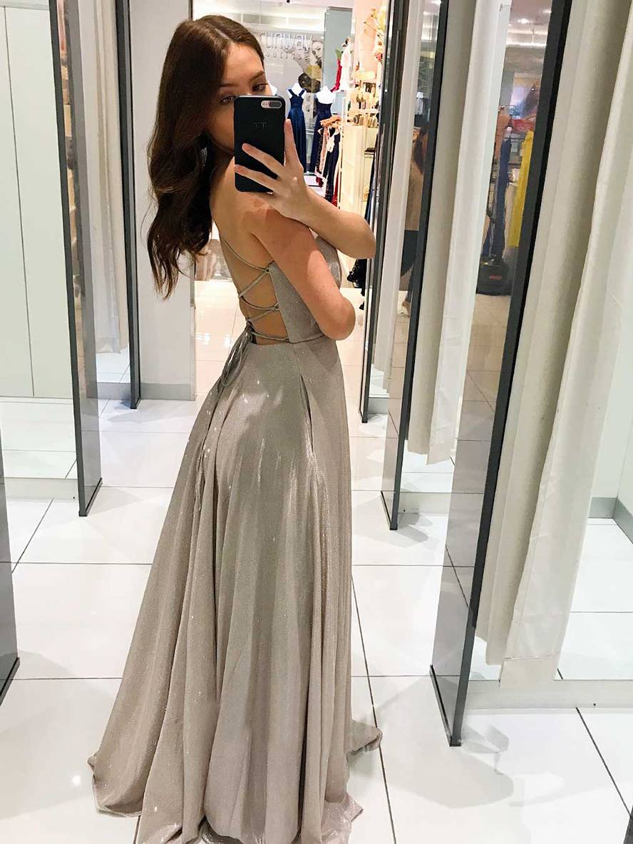 Valenzora | Long gown, shiny sequins, deep neckline, flowing, backless with thin straps, women's evening dress
