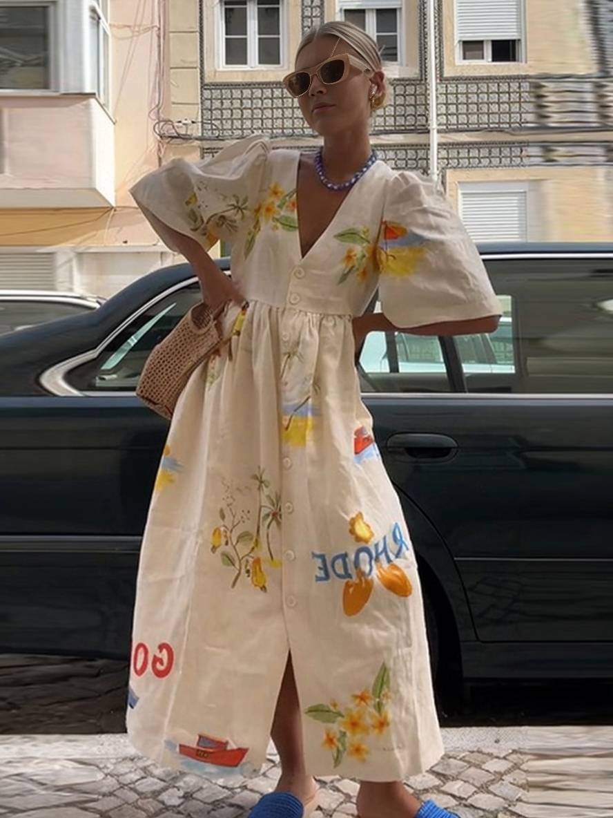 Valenzora | Long dress made of unique printed linen, V-neck, button placket, puff sleeves, short sleeves, women's casual, loose summer dress