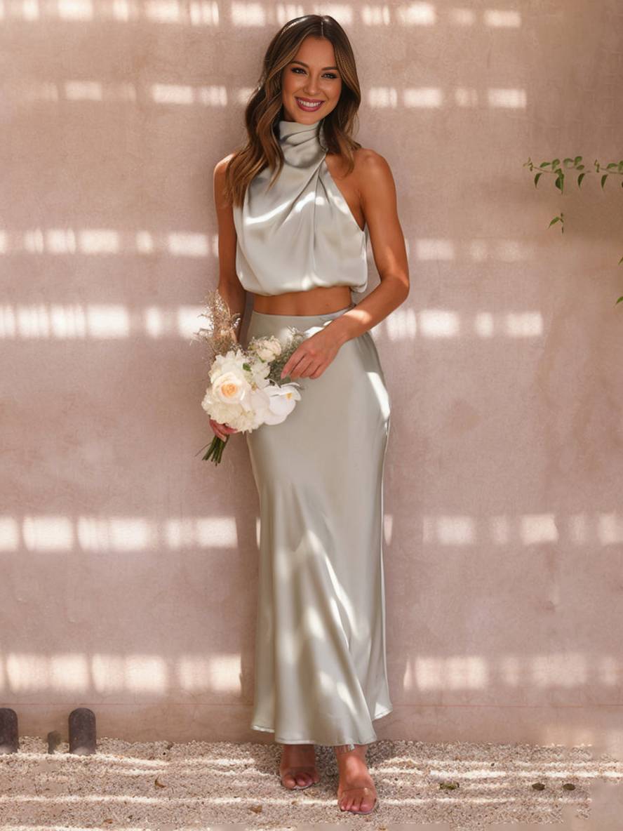 Valenzora | Wedding Guest Dress for Women, Halter Neck, Sleeveless, Elegant Evening Two-Piece Bridesmaid Dress