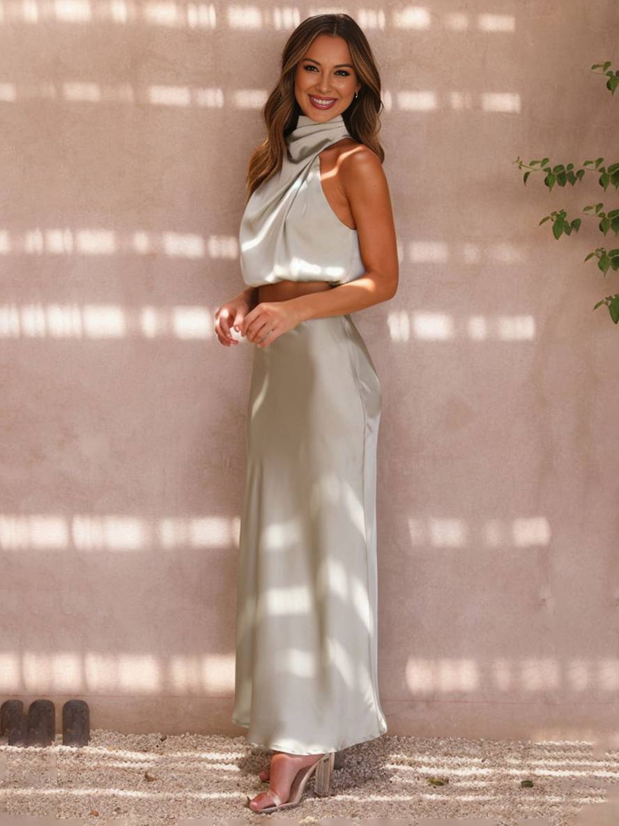 Valenzora | Wedding Guest Dress for Women, Halter Neck, Sleeveless, Elegant Evening Two-Piece Bridesmaid Dress