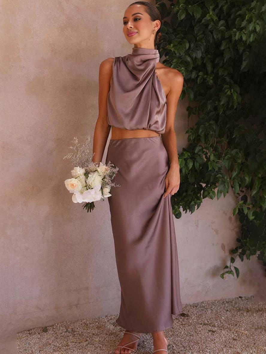 Valenzora | Wedding Guest Dress for Women, Halter Neck, Sleeveless, Elegant Evening Two-Piece Bridesmaid Dress