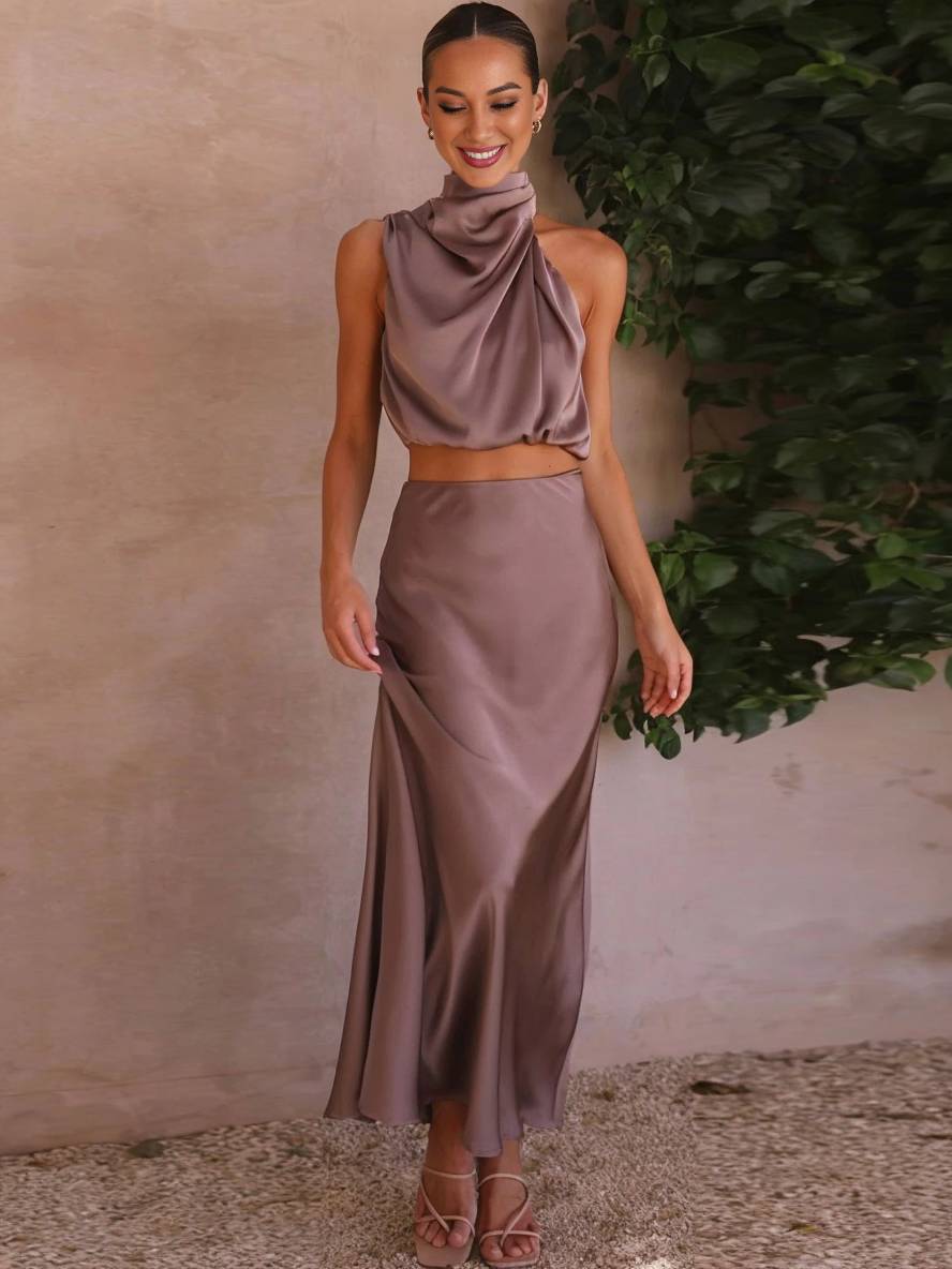 Valenzora | Wedding Guest Dress for Women, Halter Neck, Sleeveless, Elegant Evening Two-Piece Bridesmaid Dress