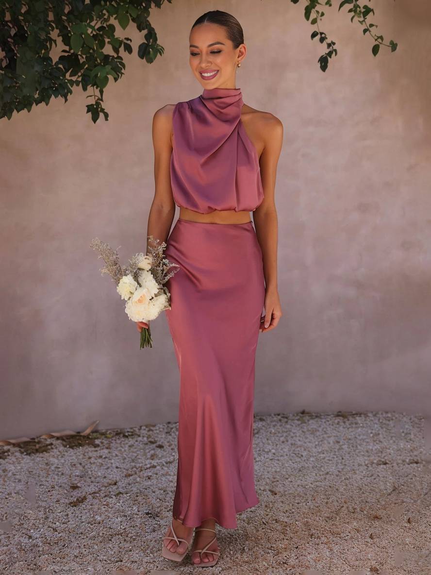 Valenzora | Wedding Guest Dress for Women, Halter Neck, Sleeveless, Elegant Evening Two-Piece Bridesmaid Dress