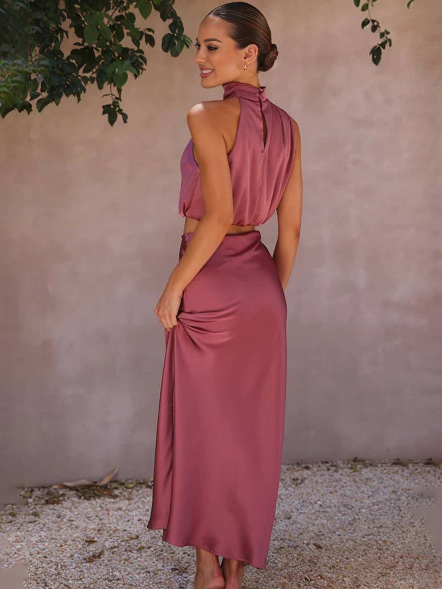 Valenzora | Wedding Guest Dress for Women, Halter Neck, Sleeveless, Elegant Evening Two-Piece Bridesmaid Dress