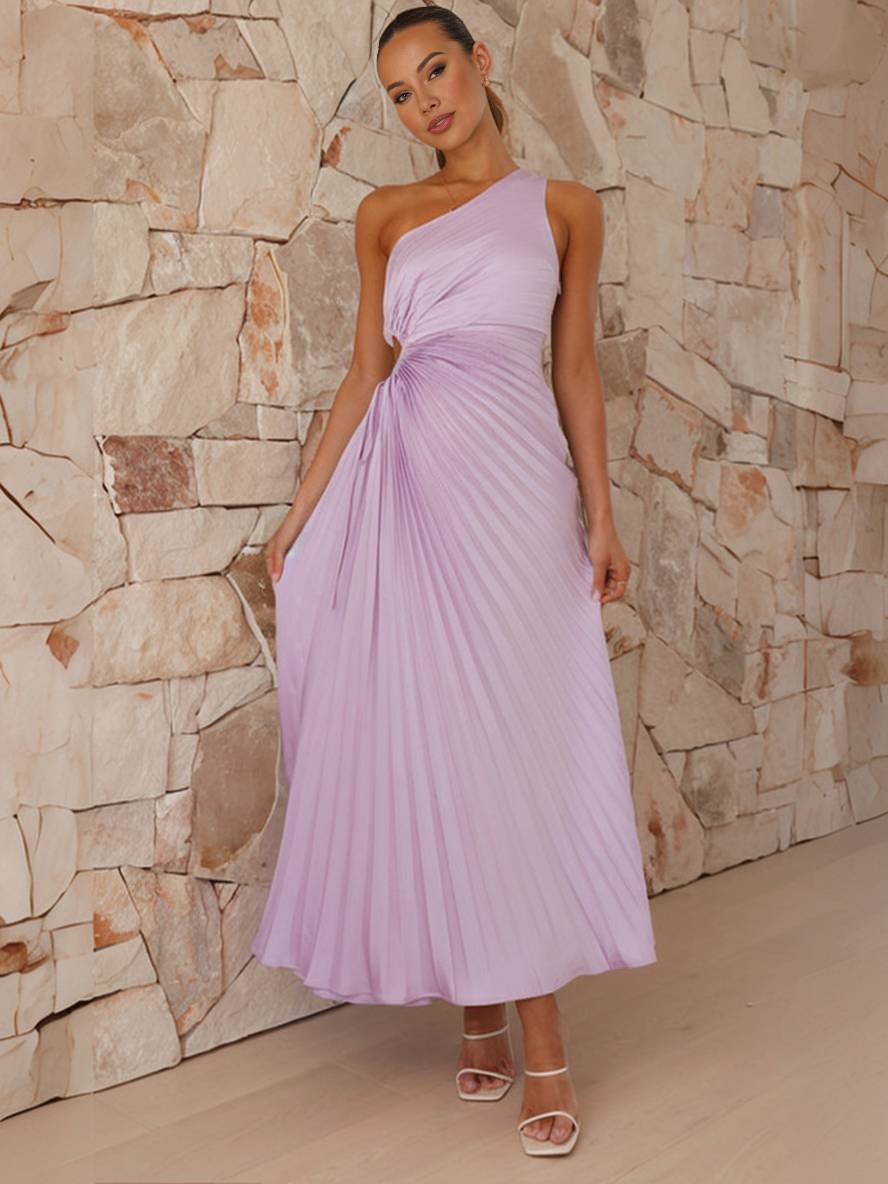 Valenzora | Long pleated trapezoidal dress, one shoulder, sleeveless, women's elegant ball, prom, guest, wedding, cocktail