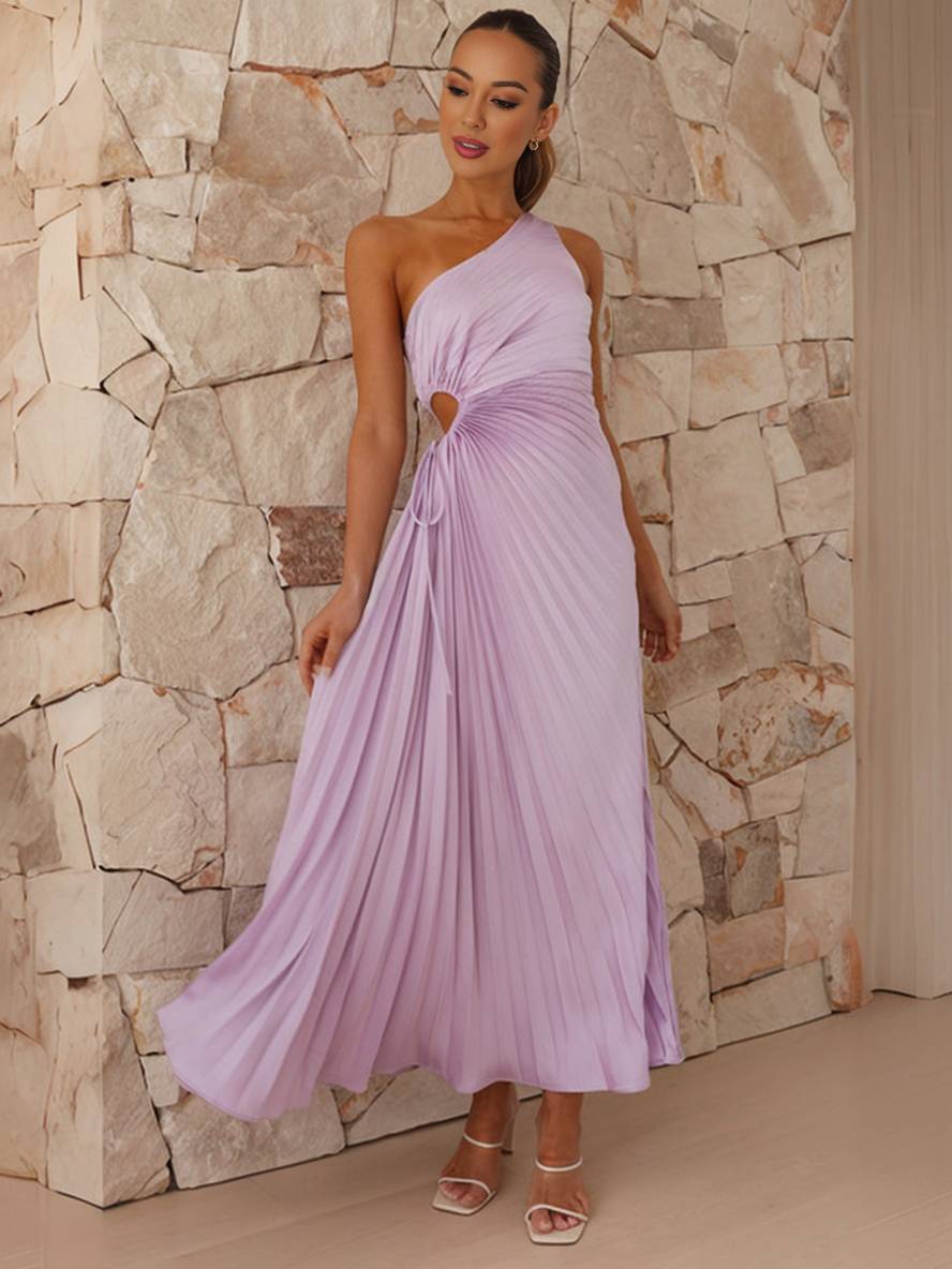 Valenzora | Long pleated trapezoidal dress, one shoulder, sleeveless, women's elegant ball, prom, guest, wedding, cocktail