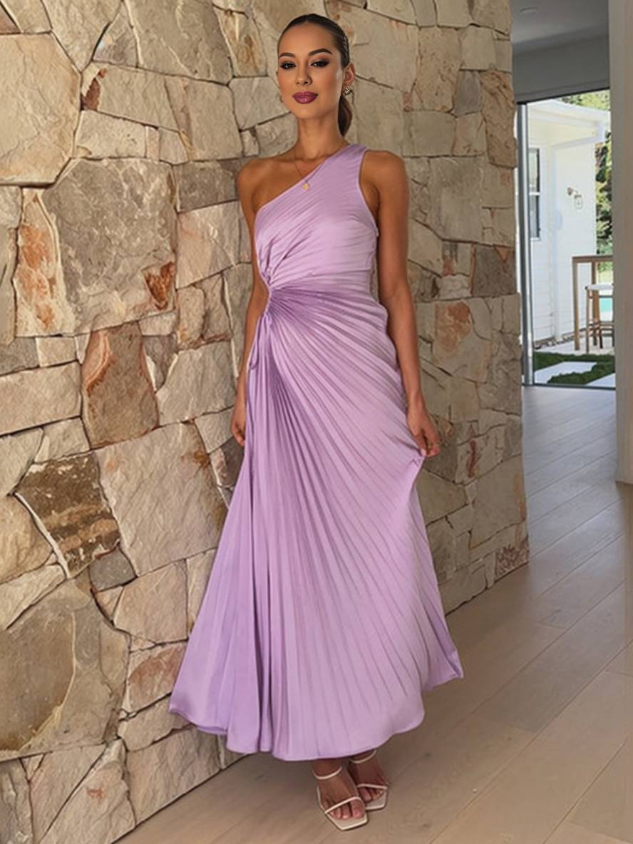 Valenzora | Long pleated trapezoidal dress, one shoulder, sleeveless, women's elegant ball, prom, guest, wedding, cocktail