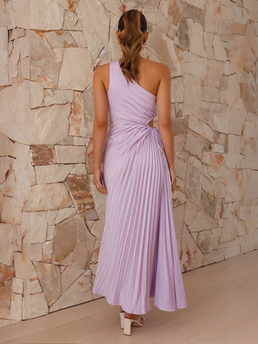 Valenzora | Long pleated trapezoidal dress, one shoulder, sleeveless, women's elegant ball, prom, guest, wedding, cocktail