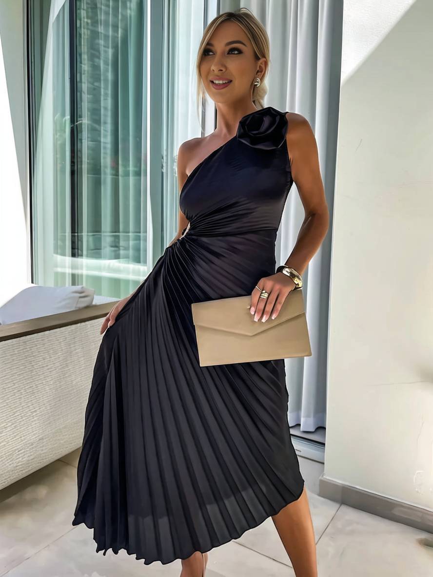 Valenzora | Long One-Shoulder Pleated Dress Sleeveless Feminine Elegant Casual Prom Beach