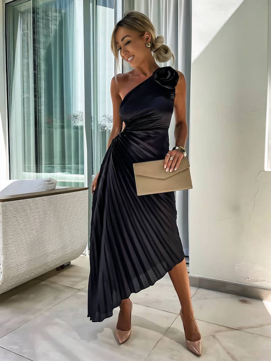 Valenzora | Long One-Shoulder Pleated Dress Sleeveless Feminine Elegant Casual Prom Beach
