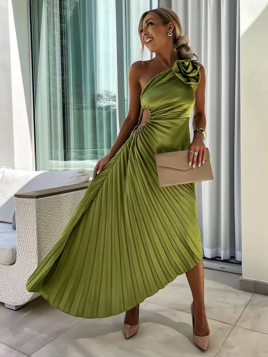 Valenzora | Long One-Shoulder Pleated Dress Sleeveless Feminine Elegant Casual Prom Beach