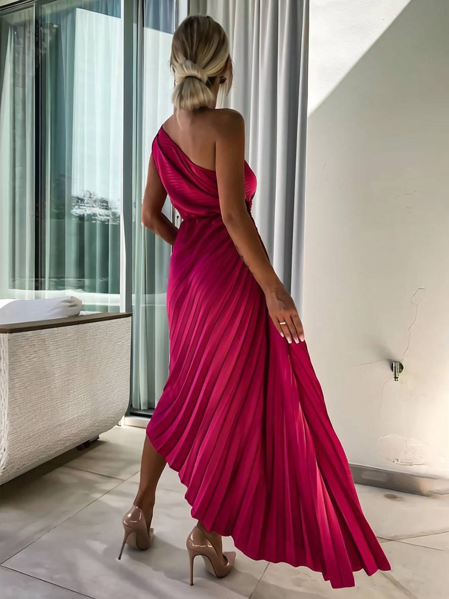 Valenzora | Long One-Shoulder Pleated Dress Sleeveless Feminine Elegant Casual Prom Beach