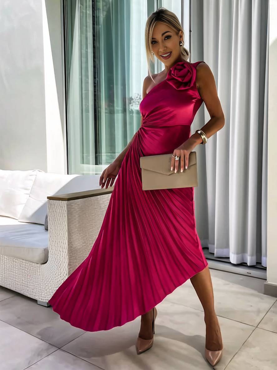 Valenzora | Long One-Shoulder Pleated Dress Sleeveless Feminine Elegant Casual Prom Beach