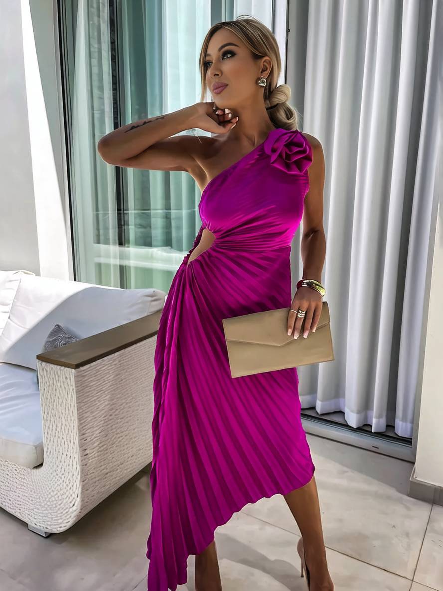 Valenzora | Long One-Shoulder Pleated Dress Sleeveless Feminine Elegant Casual Prom Beach
