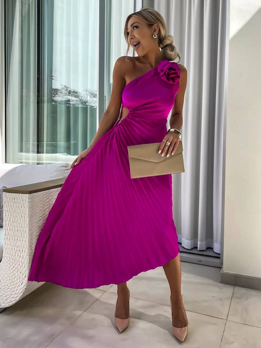 Valenzora | Long One-Shoulder Pleated Dress Sleeveless Feminine Elegant Casual Prom Beach