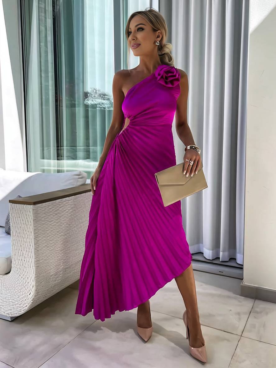 Valenzora | Long One-Shoulder Pleated Dress Sleeveless Feminine Elegant Casual Prom Beach